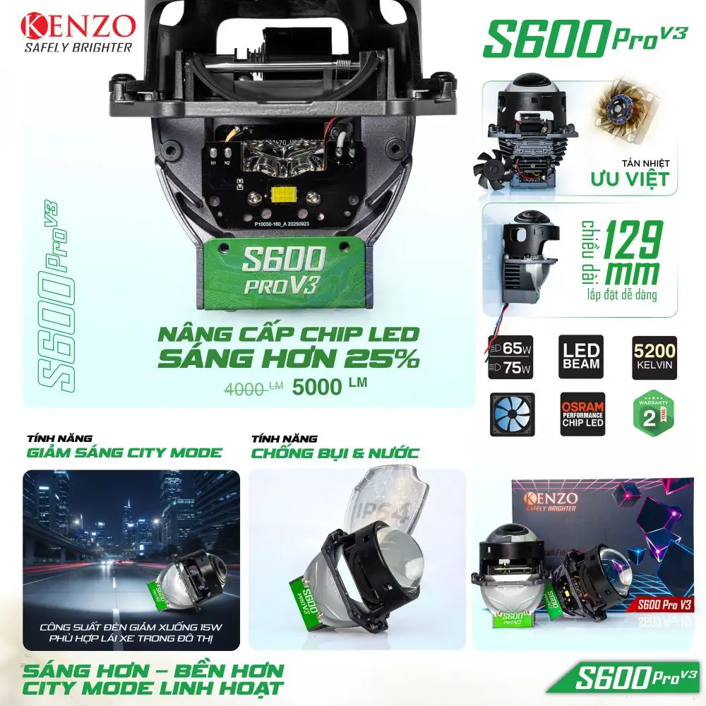 Bi LED Kenzo S600 Pro V3 – Bi LED Hiệu Suất Cao Thế Hệ Mới