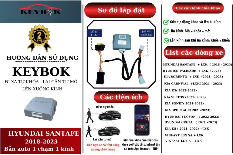 Đi xa tự khóa Lại gần tự mở Mở cửa Khóa cửa Báo còi xe Tìm xe Tự động lên xuống kính Sử dụng App Dsmart – THP Mở cửa Khóa cửa Bật đèn Tắt đèn Tìm xe BẢO HÀNH 02 NĂM