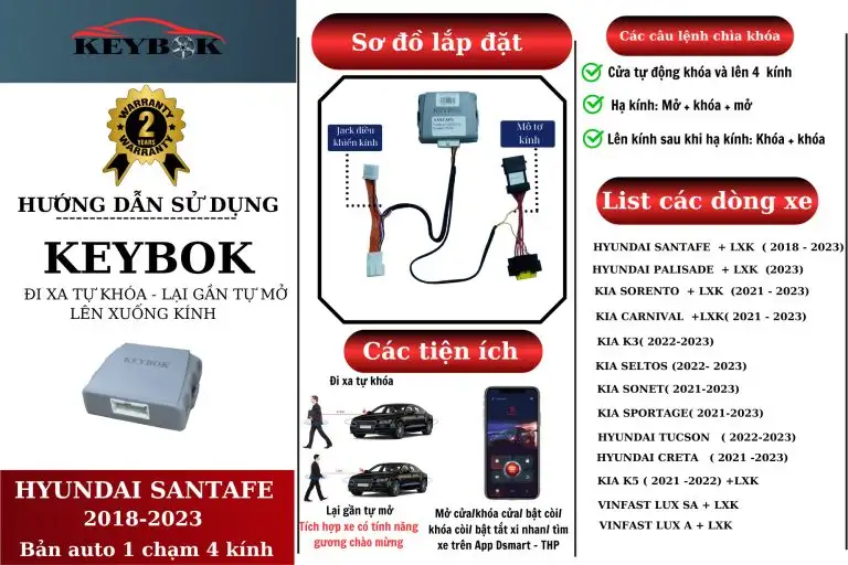 KEYBOX HYUNDAI SANTAFE + LXK ( 2018 – 2023) PALISADE 2023 – Lắp cho bản auto 1 chạm 4 kính
